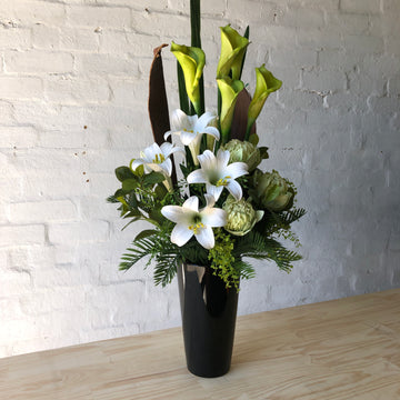 Artificial - White Lillies, White Orchids, Green Leucodendron