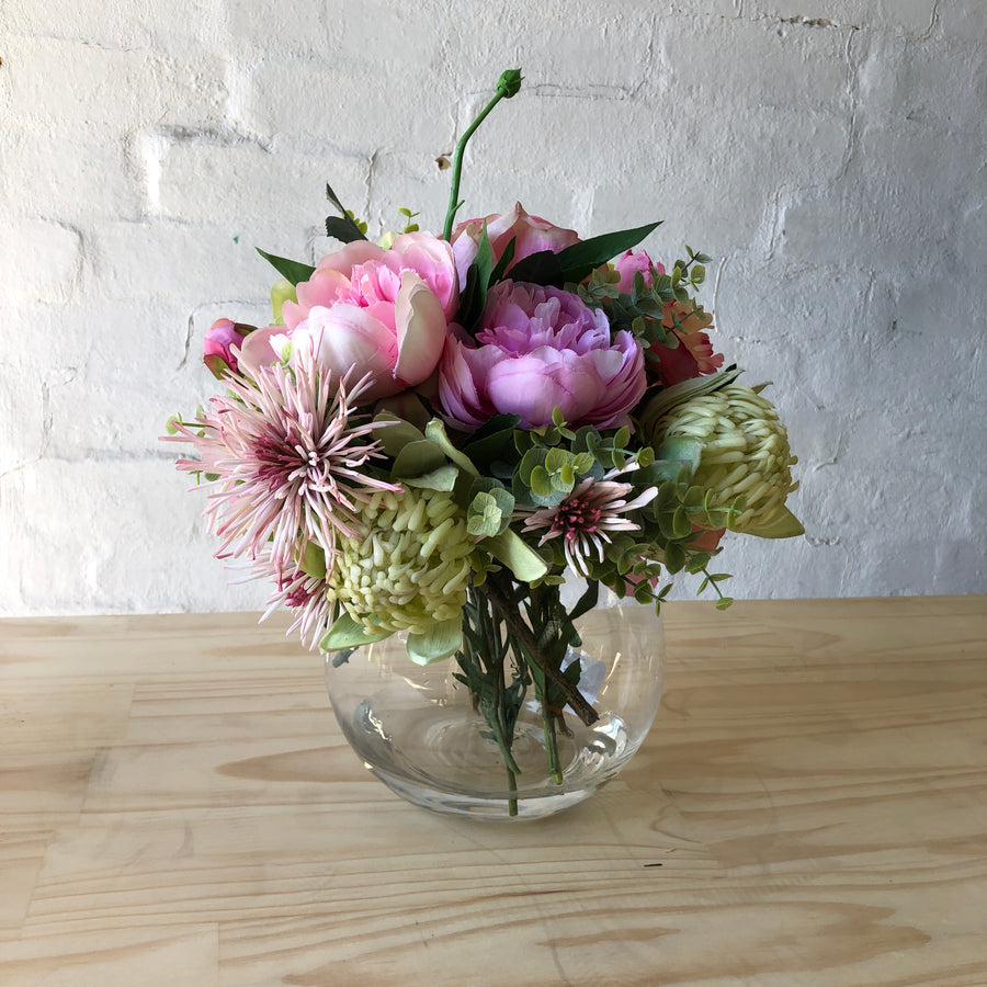 Artificial - Pink & Green Florals in Glass